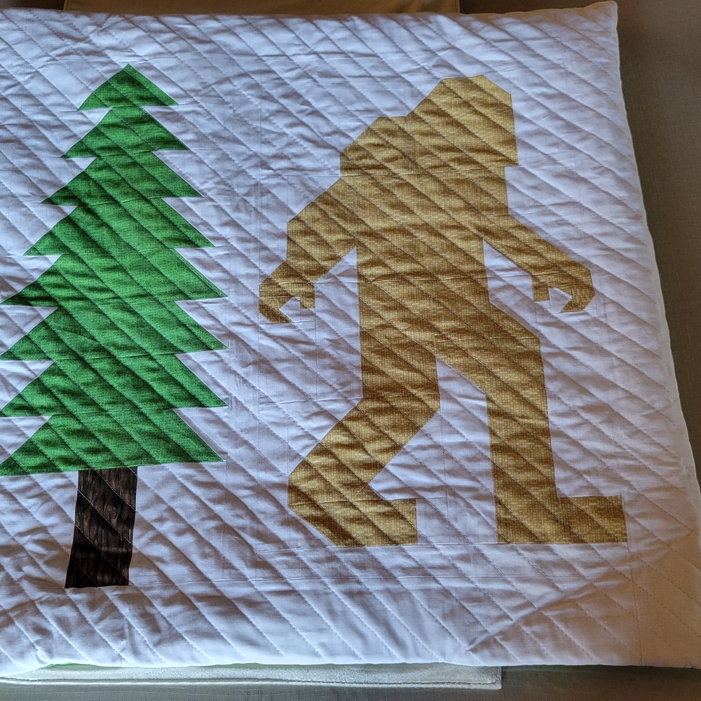 Accent Pillow Cover with Green Tree and Gold Sasquatch Motif